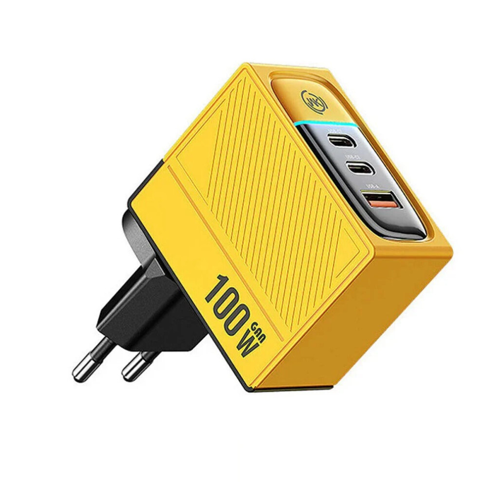100W 3-Port USB PD Charger, Yellow, EU Plug, 2 USB-C & 1 USB-A, Fast Charging, Durable PC Material, Intelligent Temp Control