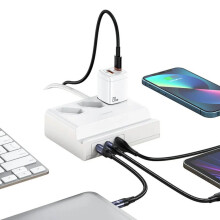 65W EU Plug Power Strip with 2M Cable, 2 USB-C & 1 USB-A Ports, White, Compact Design, 361g, Model US-CC160