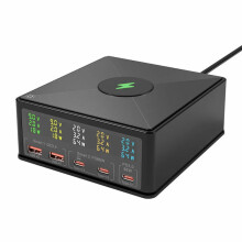 868H Black EU Charger, 160W Power Adapter with 3 Type-C Ports, 2 USB-A Ports, and Qi Wireless Charging, Compact Design