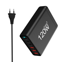 (White) 120W GaN Desktop Charger with 3 USB-A & 3 USB-C Ports, Fast Charging, EU Plug, Black/White, Safe & Efficient