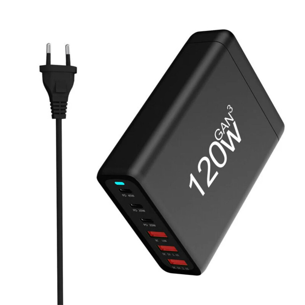 (White) 120W Gan Desktop Charger With 3 Usb-A & 3 Usb-C Ports, Fast Charging, Eu Plug, Black/White, Safe & Efficient 1138392769348