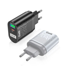 (White) 65W GaN Wall Charger, EU Plug, Dual Type-C & USB-A, Fast Charging, Black/White, AC 100-240V, Compact Design