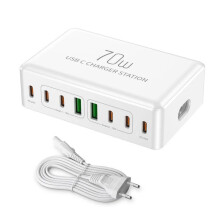 70W Desktop Charging Station - 2 USB-A & 6 USB-C Ports, Fast PD20W Charging, EU Plug, White