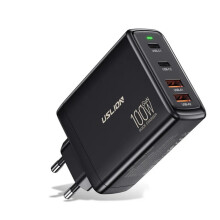(Black, EU Plug) 100W 4-Port USB PD Charger - Fast Charging, GaN Tech, 2 USB-A & 2 USB-C Ports, EU/US Plug, Black/White, Safe & Compact