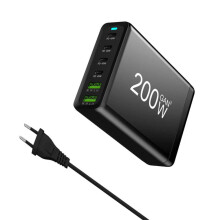 (White, EU Plug) 200W 6-Port USB PD Charger, EU Plug, 2 USB-A & 4 USB-C Ports, Fast Charging, Black/White, AC 100-240V