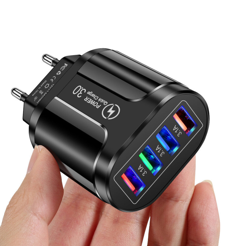 (Black, EU Plug) 3.1A 4-Port USB Fast Charger - Black/White, Fire Retardant, US/EU/UK Plug, Quick Charge 3.0, Compact Design
