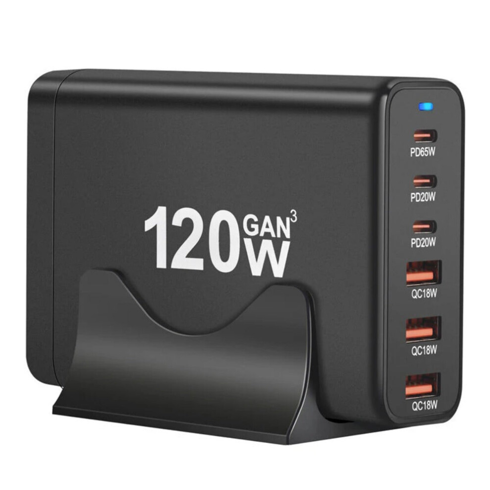 (Black) 120W GaN Desktop Charging Station, 3 USB-A & 3 USB-C Ports, EU Plug, Fast Charging, Compact & Portable, Black/White