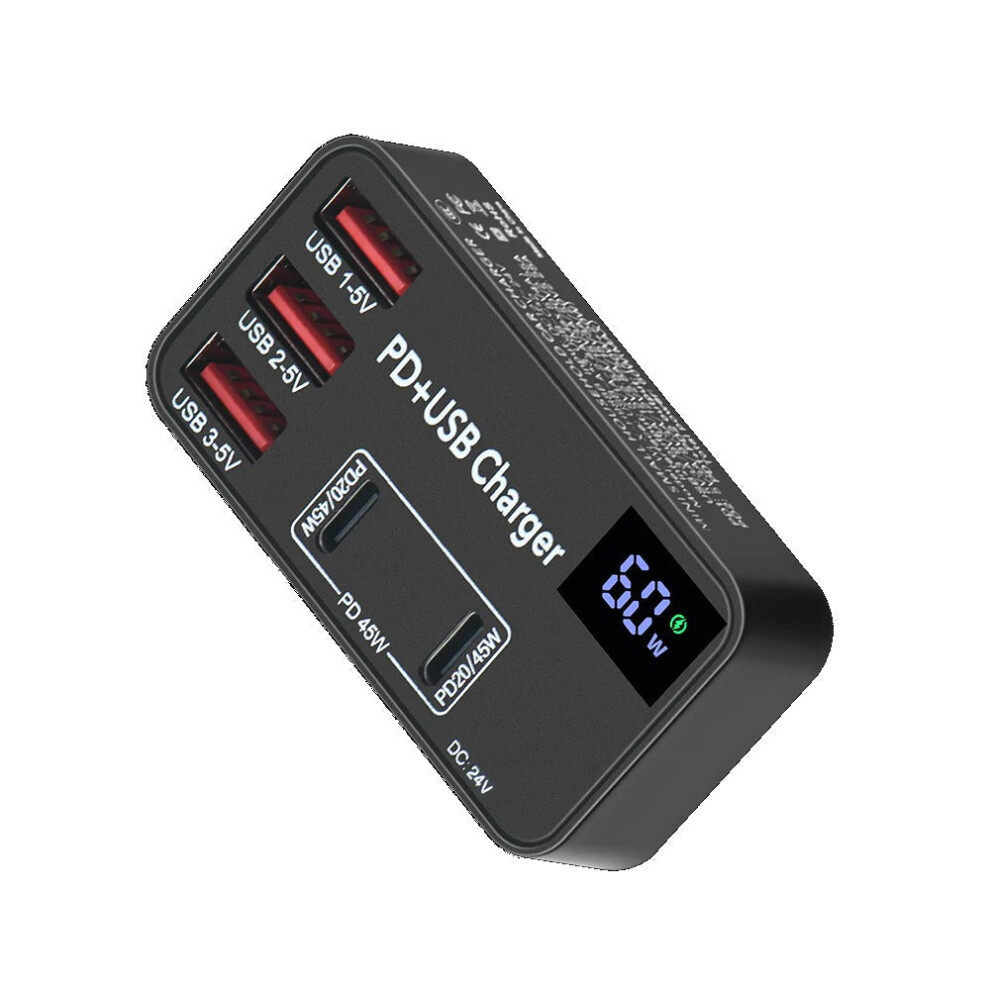60W 5-Port Desktop Charging Station, Black, EU Plug, Fast USB-C & USB Outputs, Compact Design, Ideal for Home/Office