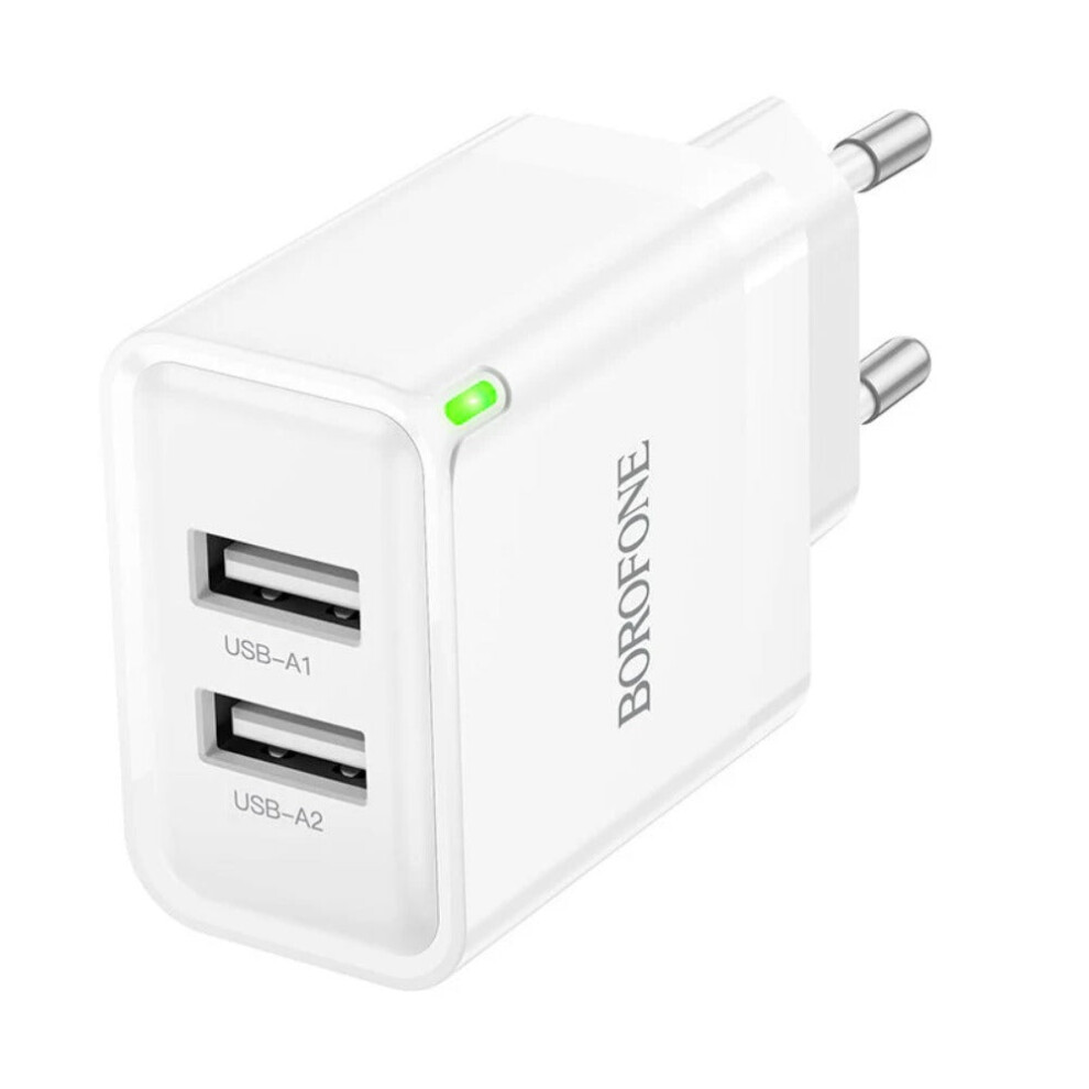 Dual USB-A Wall Charger, EU Plug, 10.5W Fast Charging, Compact Design, White, AC100-240V, Portable for Travel
