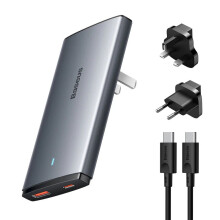 65W 2-Port USB Charger, Grey Aluminum Alloy, Fast Charging Type-C & USB, Compact Design, CN Plug