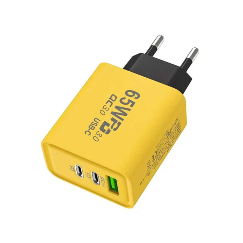 65W 3-Port USB PD Charger, Yellow, EU Plug, Fast Charging with 1 USB-A & 2 Type-C Ports, Compact & Safe for Travel