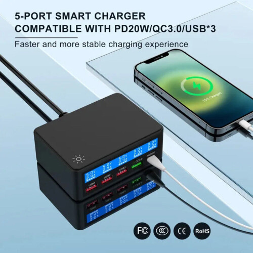 (White) 65W 5-Port USB PD Charger - Black/White, 4 USB-A + USB-C, Fast Charging, Compact, EU Plug, Universal Compatibility 2