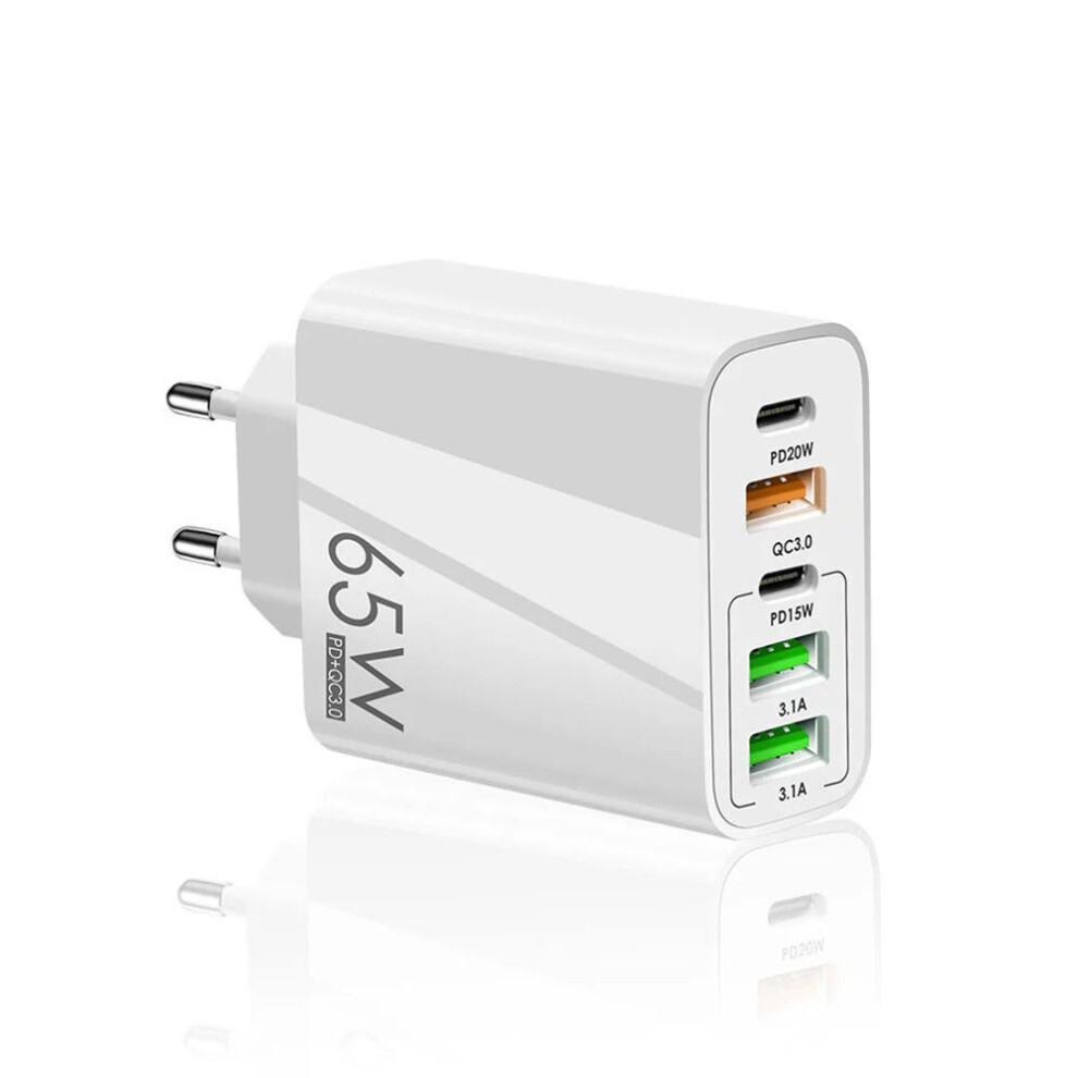 (Black) 65W 5-Port USB PD Charger, EU Plug, 3 USB-A & 2 USB-C, Fast Charging, Compact Design, Black/White