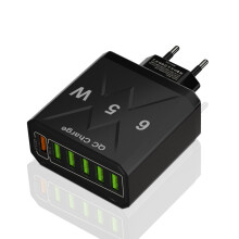 (Black, EU Plug) 65W 6-Port USB Charger - Black/White, EU/US Plug, Quick Charge 3.0, High-Speed, Compact Design, Durable, Travel-Friendly