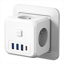 7-Port Power Strip, White, 3 AC Outlets, 3 USB-A, 1 USB-C, 4000W, Compact EU Plug, Fast Charging, Portable Design
