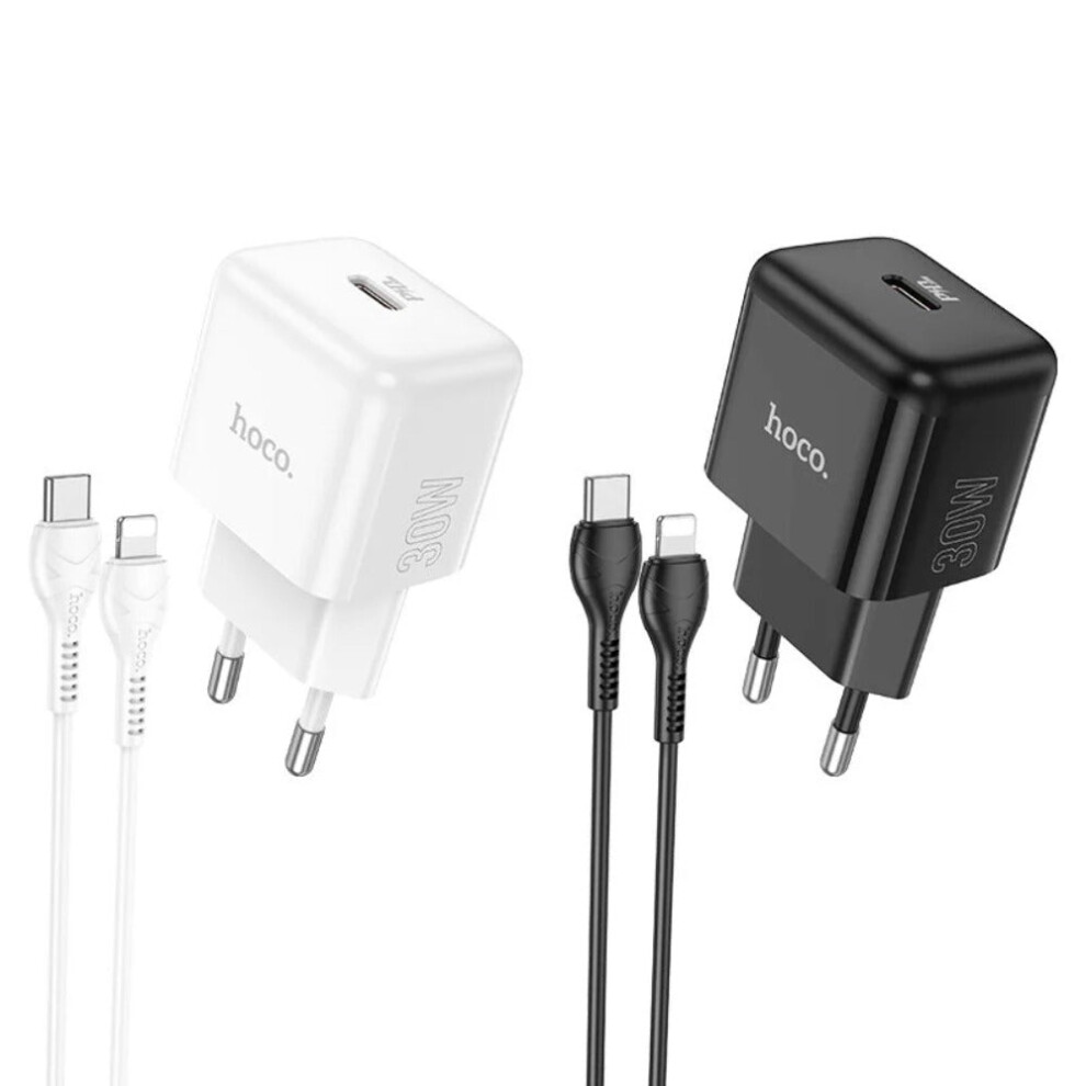 (Black) PD30W Single Port EU Charger Set with 1m Type-C to iP Cable, Black/White, Safe Multiple Circuit Protection