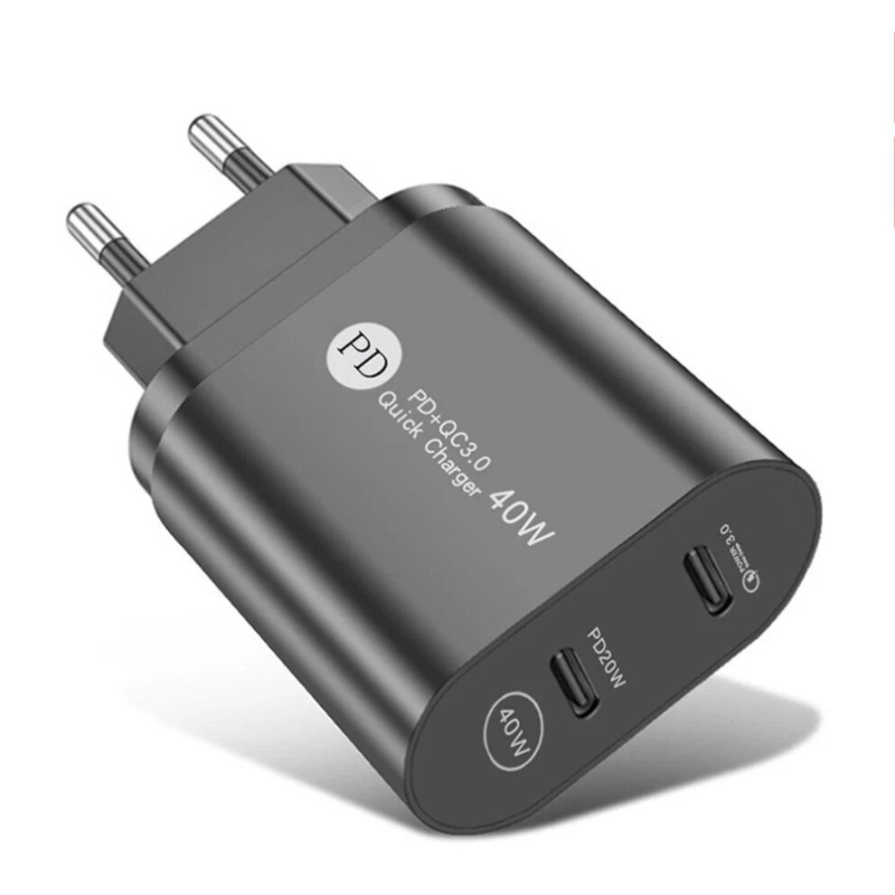 (White) PD40W 2-Port USB PD Charger - White/Black, EU Plug, Fire Retardant, Compact Design, Fast Charging, 40W Total Power
