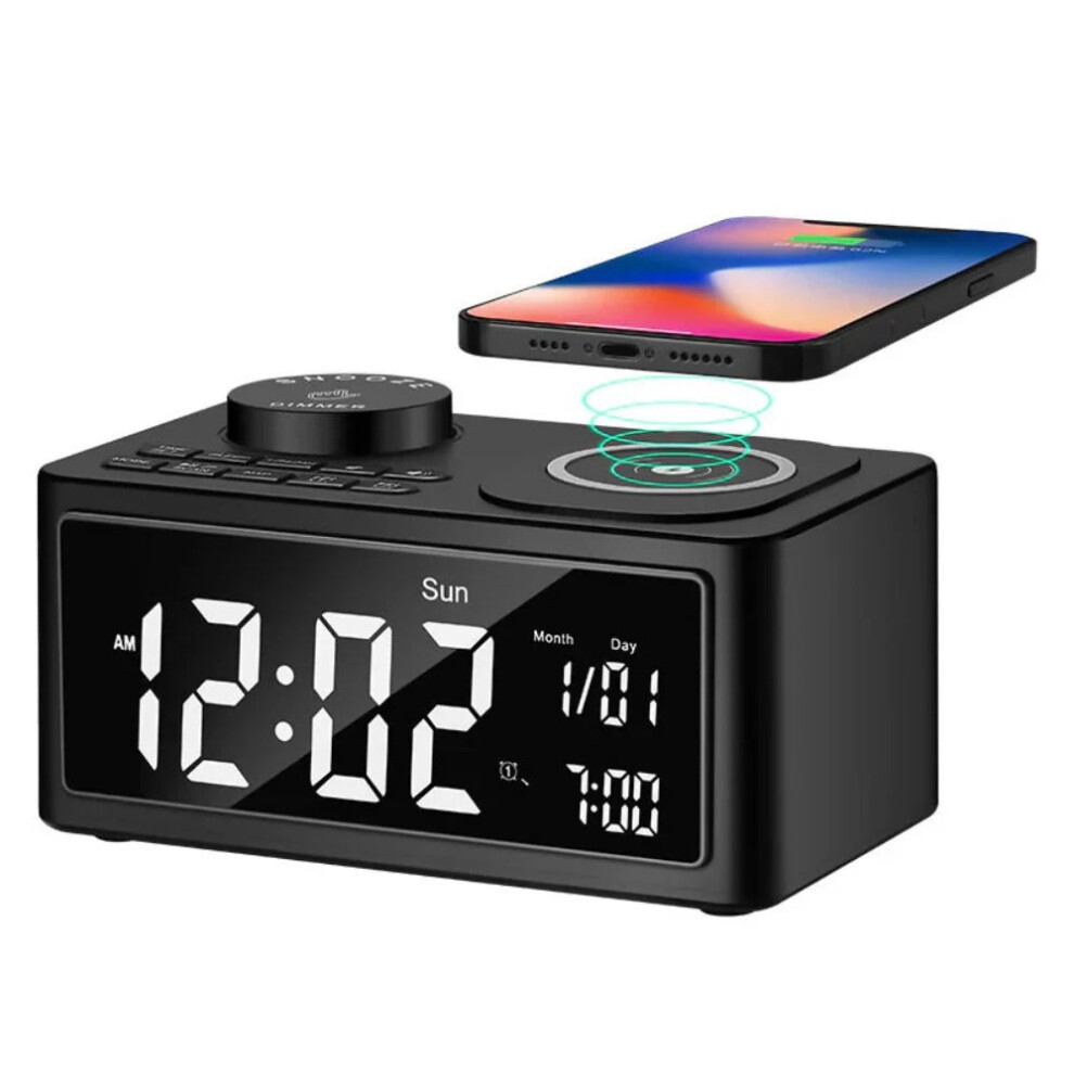 (Black) 10W Wireless Charger Bluetooth Speaker with Alarm Clock, FM Radio, LED Display & Hands-free Call