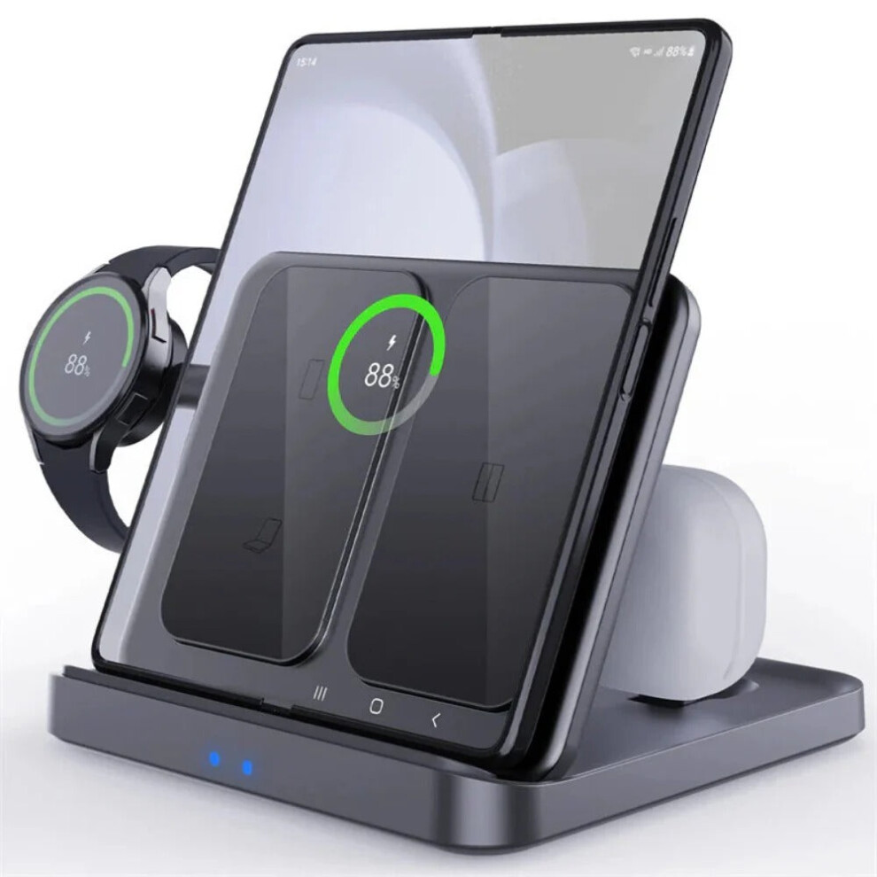 (For Google Pixel Fold) 15W Wireless Charging Station, 3-in-1 Fast Charger for Samsung Galaxy Fold, Earphones & Smartwatches, Type C Input, FOD Safe