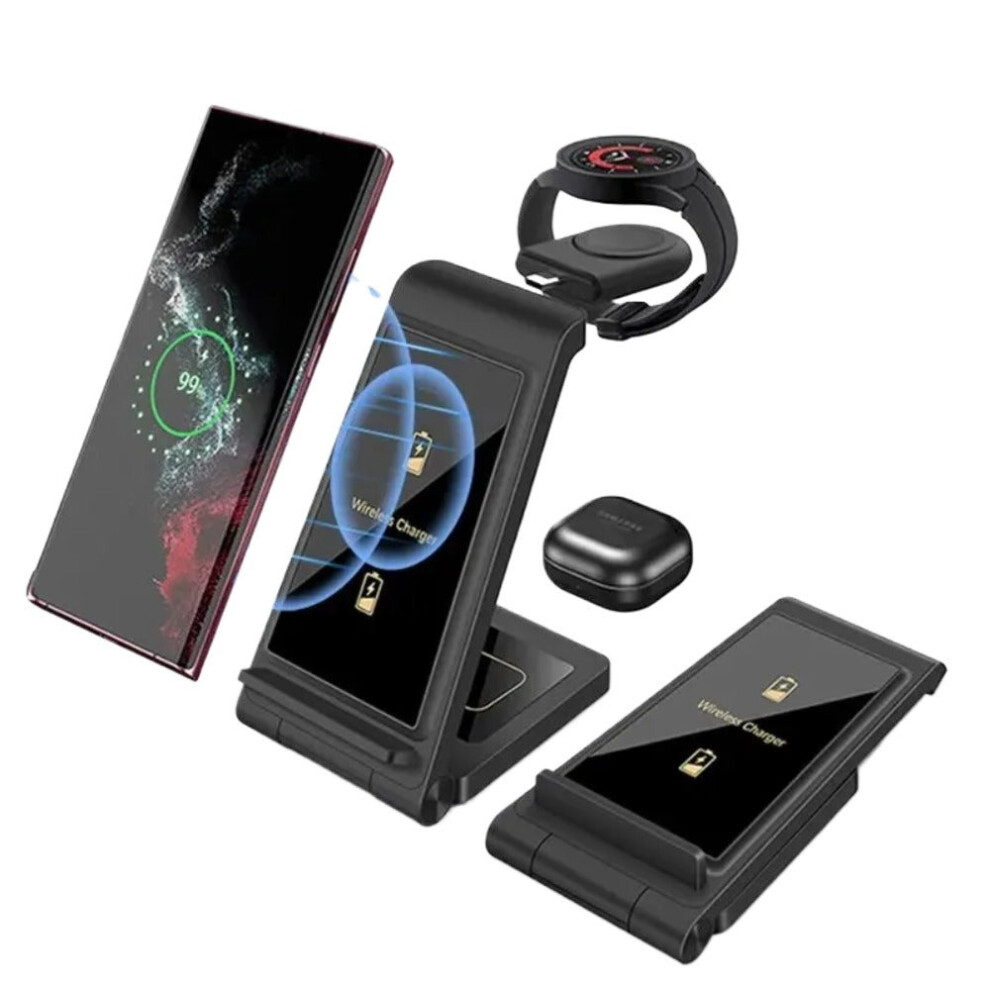 (Black) 3-in-1 Wireless Charger with USB-C Cable, 15W Fast Charging for Samsung Galaxy, iPhone, and Galaxy Watch - Portable & Safe