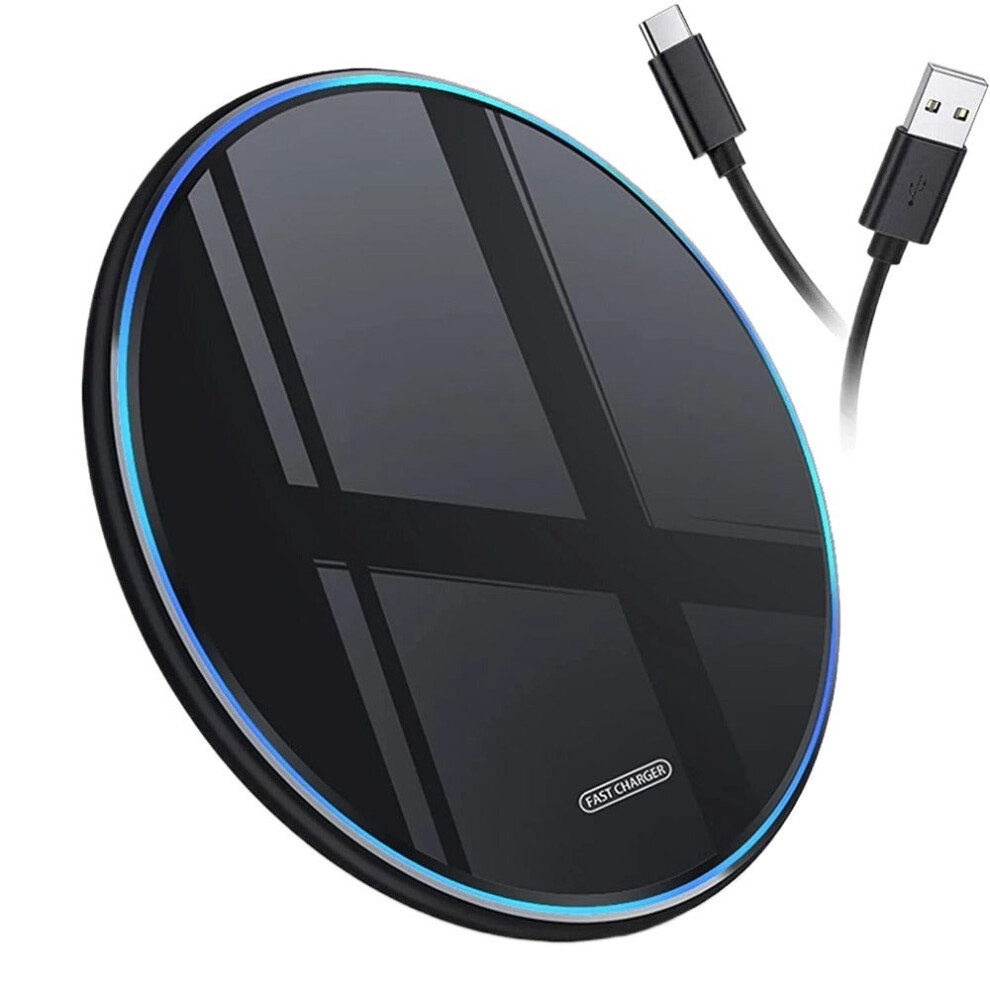 (Black, 15W) 30W Fast Wireless Charger with USB Cable for Apple iPhone & Samsung - Compact Design, LED Indicator, Portable Charging Pad