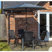 Outdoor 4 Person Rectangular Glass Top Table Chairs With Grey Parasol and Base