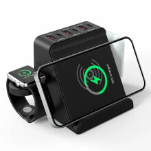80W EU Charger with Apple Watch & Headphone Wireless Charging, Type-C & USB-A QC3.0 Outputs, Black
