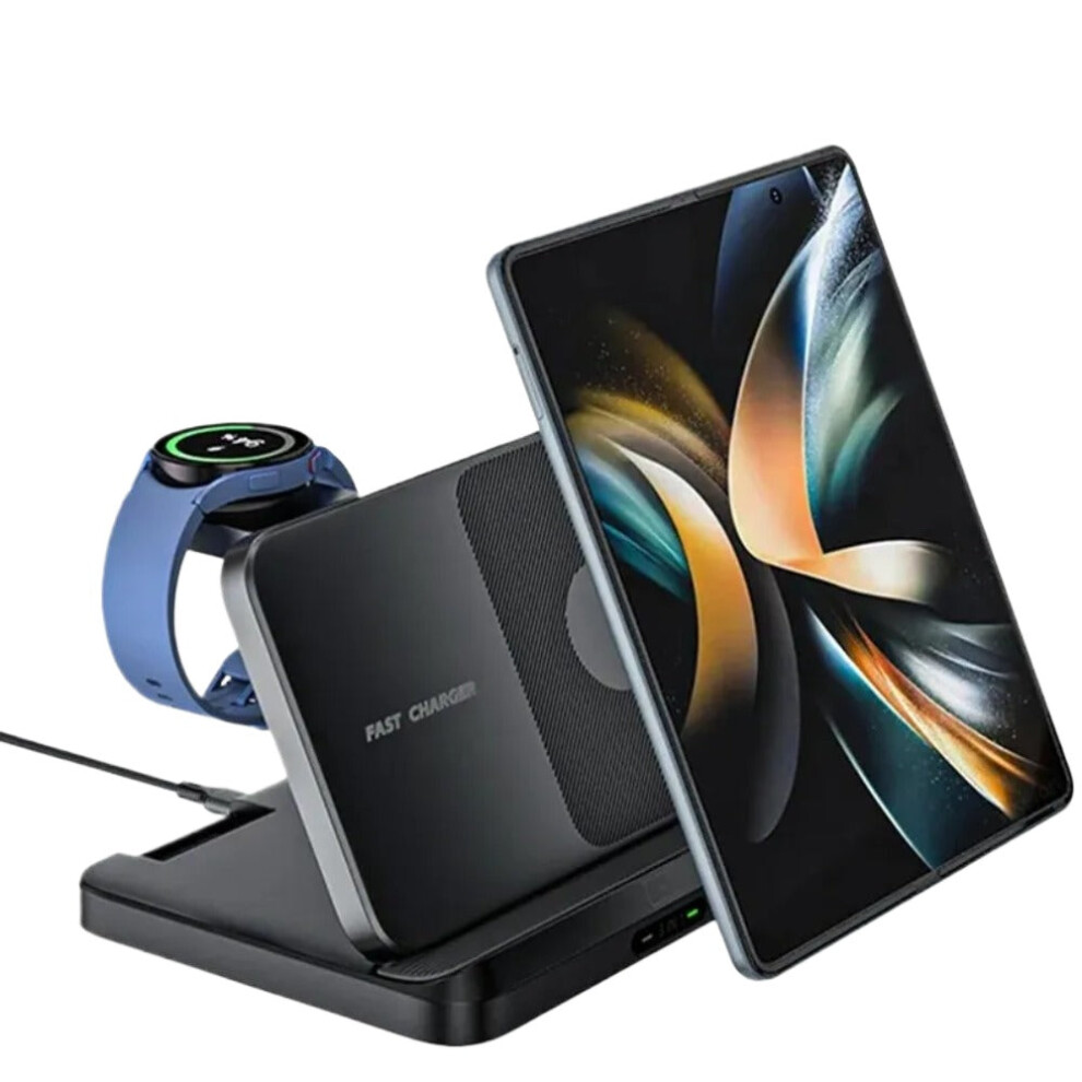 (Black) 3-in-1 Wireless Charger for Samsung Devices with USB Cable, 15W Fast Charging, LED Indicator, Compatible with Galaxy Watch, Phones, Earbuds