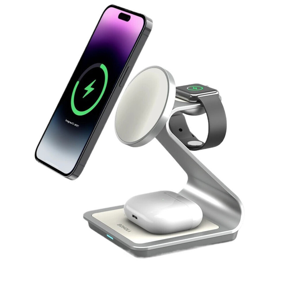 (White, Plus 20W US Plug) 3 in 1 Magnetic Wireless Charger for iPhone, Apple Watch & AirPods - 15W Fast Charging Station, Aluminum Alloy Design