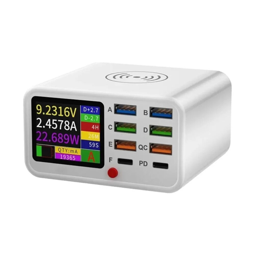 (US Plug) 65W Dual C Ports Fast Charger with Wireless Charging, Intelligent Charging, Display Screen & Multiple Ports for Devices
