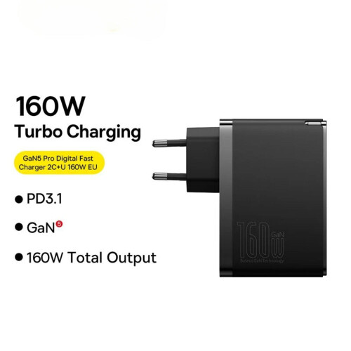 160W 3-Port EU Charger with 2 USB-C & 1 USB-A, Fast Charging, Multiple Protocols, Includes 1M Type-C Cable 2