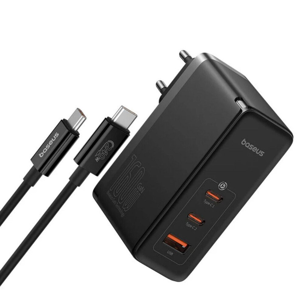 160W 3-Port EU Charger with 2 USB-C & 1 USB-A, Fast Charging, Multiple Protocols, Includes 1M Type-C Cable