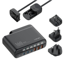 140W 6-Port USB PD Charger - 3 USB-C & 3 USB-A Ports, Fast Charging, Compact Design, Black, Travel Friendly