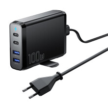 100W 4-Port USB PD Charger, Black, Compact EU Plug, Fast Charging for Multiple Devices, Safe & Reliable
