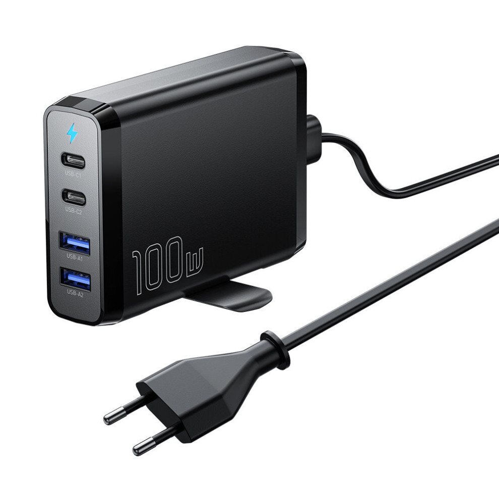100W 4-Port Usb Pd Charger, Compact Eu Plug, Fast Charging For Multiple Devices, Safe & Reliable Black 1138392767597