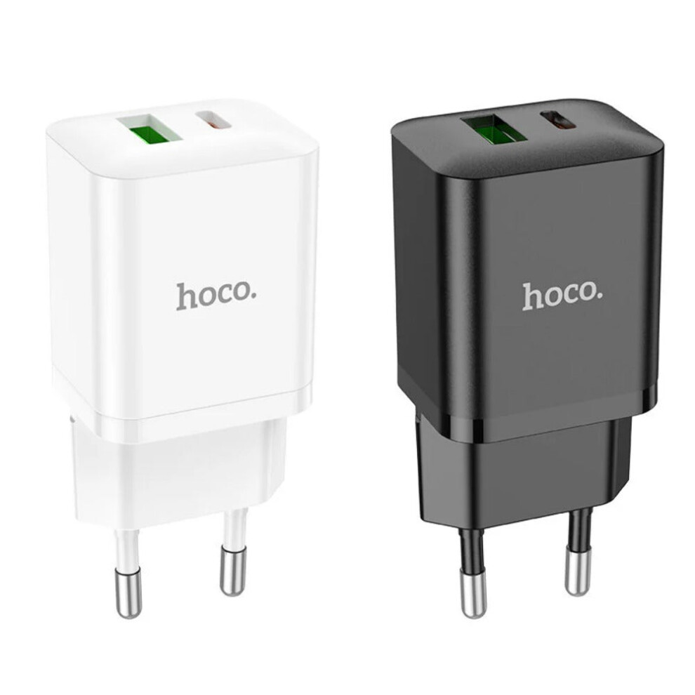 (Black) 20W 2-Port USB PD Charger EU Plug, Model N28, Black/White, Fast Charging with QC3.0, Compact Size 40x90x25mm