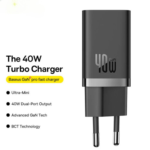 40W Dual USB-C EU Charger, Fast Charging, Compact Design, PD Protocol, Black, 110-240V, 2 Devices Simultaneously 2