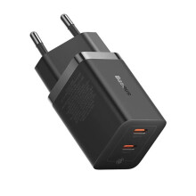 40W Dual USB-C EU Charger, Fast Charging, Compact Design, PD Protocol, Black, 110-240V, 2 Devices Simultaneously