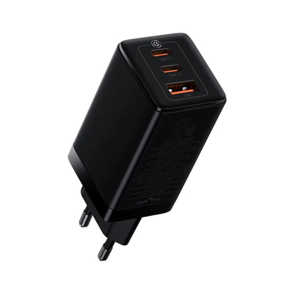 65W EU Charger with 2 USB-C & 1 USB Port, Fast Charging, Triple Port, Compact, Compatible with Smartphones & Laptops