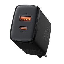 20W Dual USB-A & USB-C Charger, Compact EU Plug, Fast Charging, PD3.0 & QC3.0 Compatible, Black, 82x40x28mm