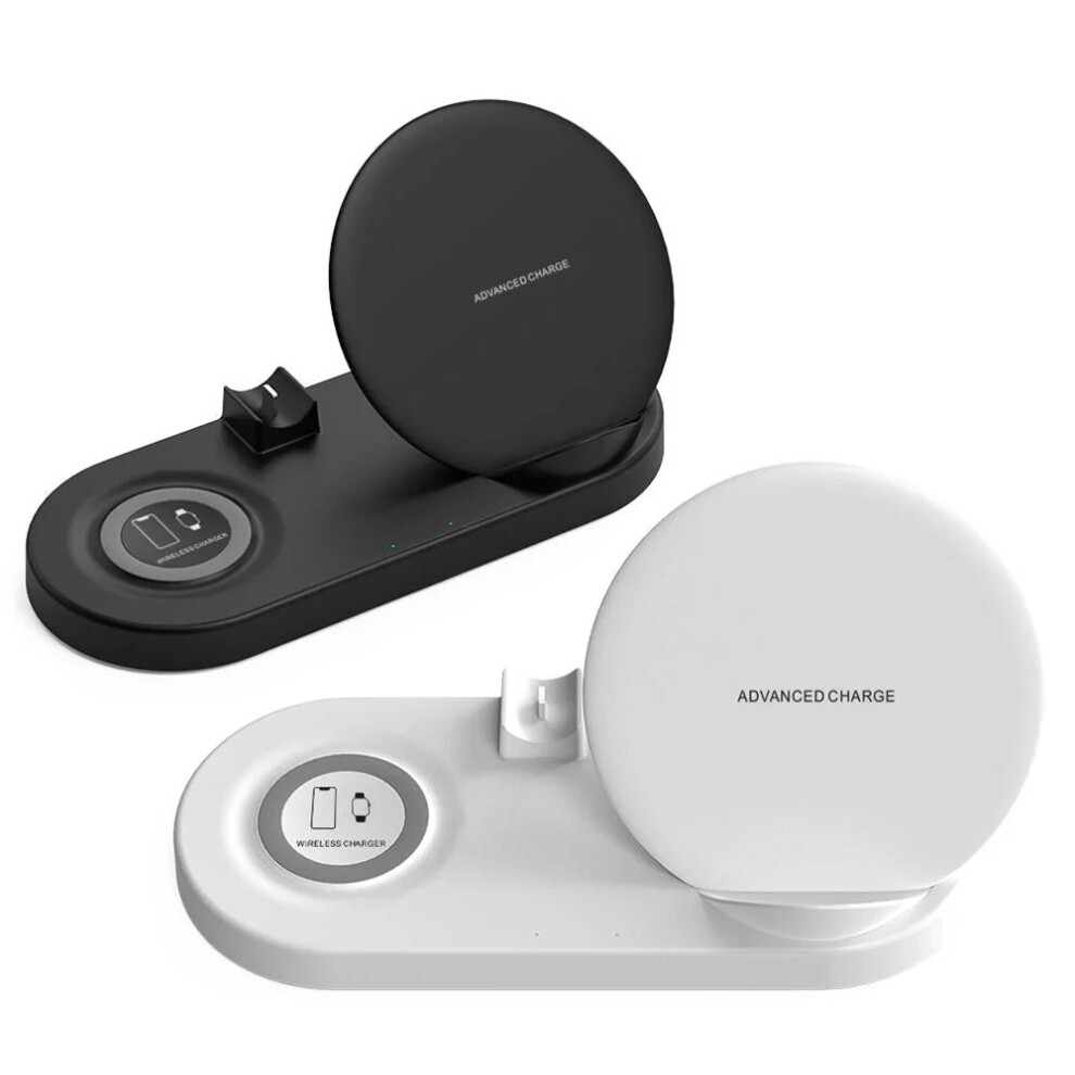 (Black, EU Plug) 5-in-1 Fast Wireless Charger for Phone, Apple Watch, AirPods - USB QC2.0 Adapter, Multi-Device Charging, Black/White