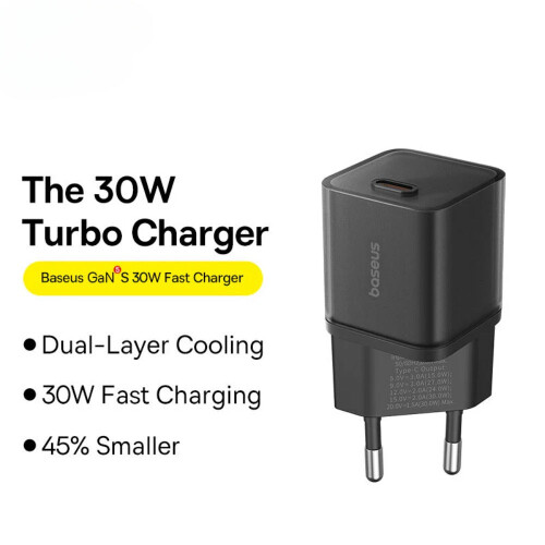 30W USB-C Charger EU Plug, Fast Charging, Compact Design, Multiple Output Options, PD Protocols, Black, 51.5x30.2mm 2