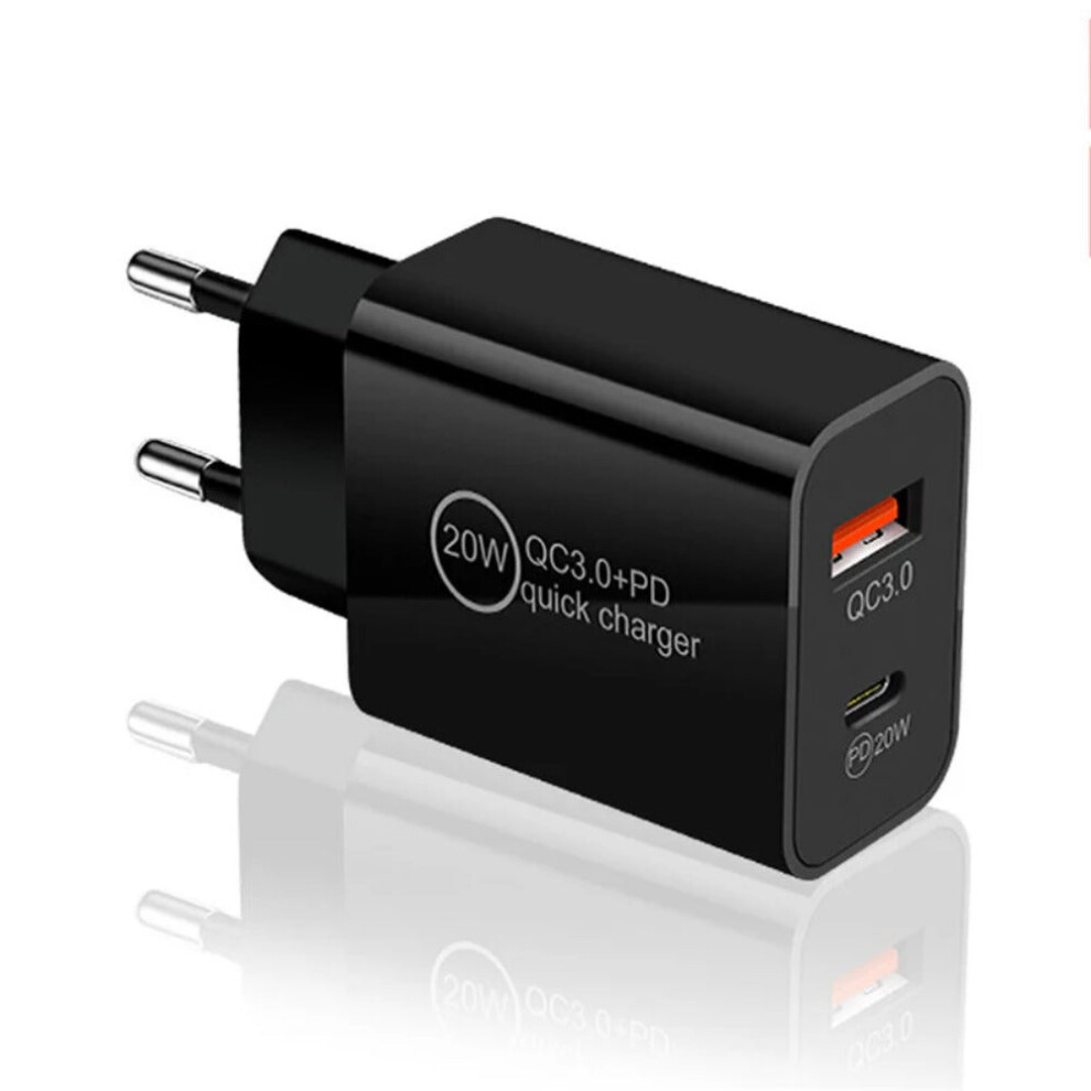 (Black) PD20W 2-Port USB PD Charger, Black, EU Plug, 20W Fast Charging, Compact Design, Fire Retardant Material, 45.4g