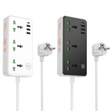 (Black) Multifunctional EU Plug Power Strip with 3 USB-A, 1 USB-C, 3 AC Outlets, 2500W, Black/White, 17W Max Output