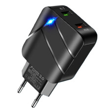 (Black) 28W 2-Port USB PD Charger, EU Plug, Black/White, Fast Charging, Compact Design, Fire Retardant Material