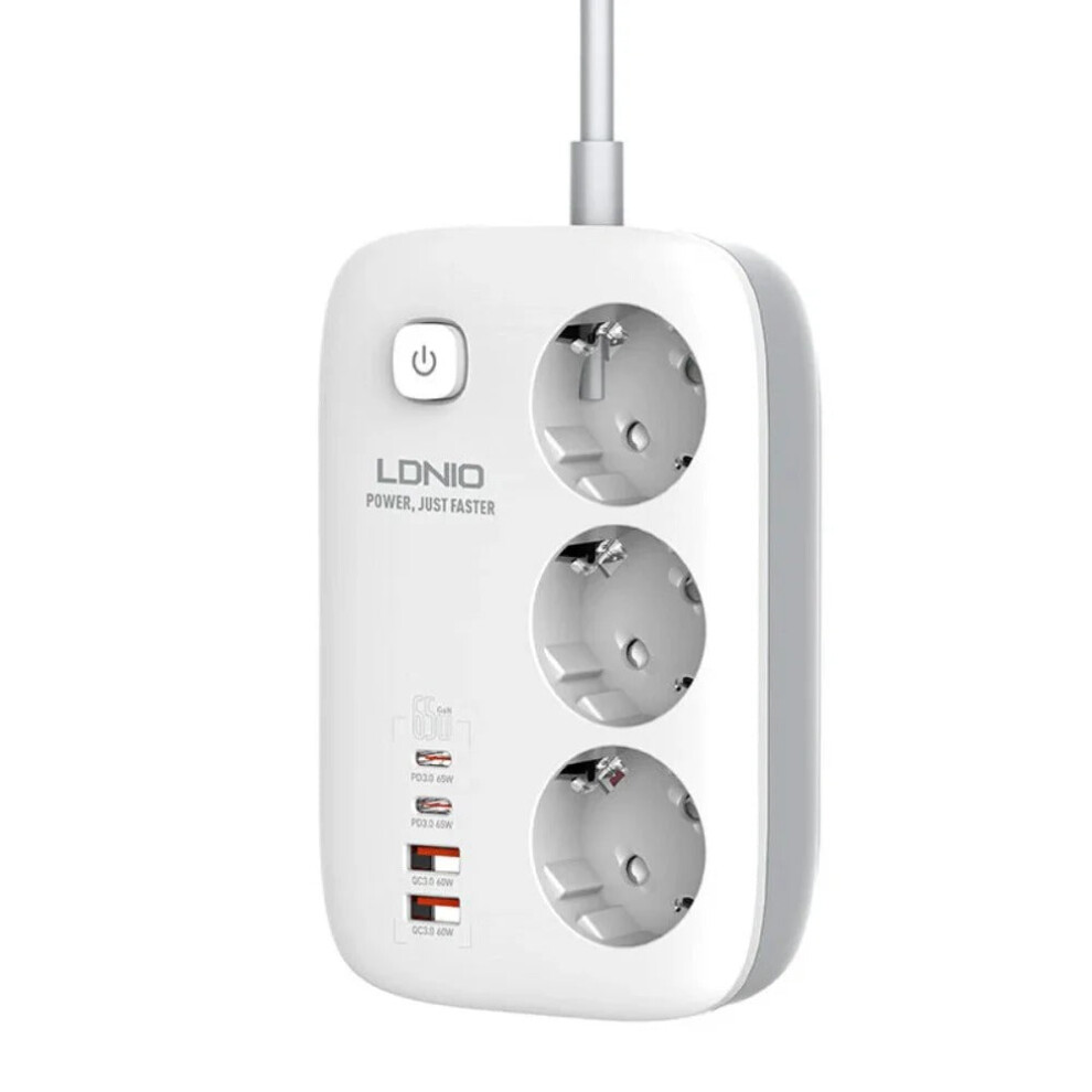 3250W 7-Port Power Strip With 2Usb-A, 2Usb-C, 3 Sockets, Compact Design, Eu Plug, Fast Charging, White 1138392768617