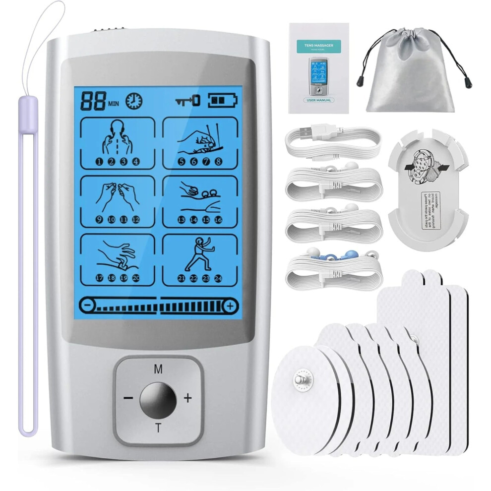 TENS & EMS Pain Relief Machine with Electrode Pads, USB Cable, and Accessories for Muscle Recovery and Conditioning