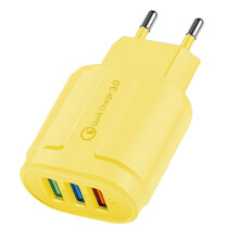 2.1A 3-Port USB Charger EU Plug - Yellow, ABS, QC3.0, AC100-240V, DC5V/2A, Includes 1 Charger