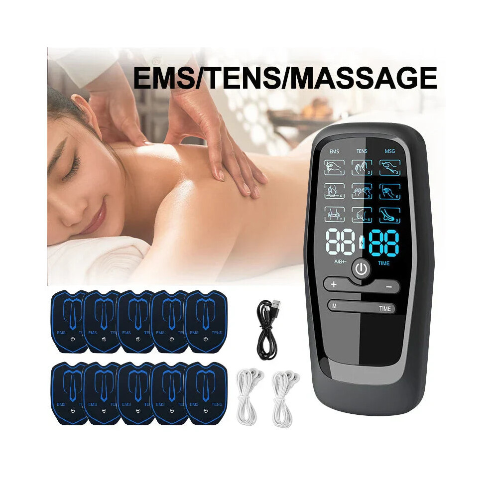 (Standard + 10pcs Pad) TENS Electric Massager with 6 Modes & 19 Intensity Levels for Pain Relief, Rechargeable, Includes Electrodes & USB Cable