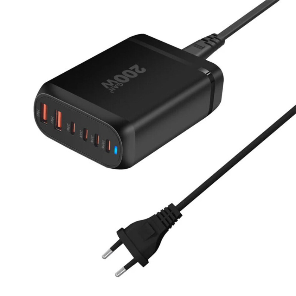 (Black, 3A3C Port) 200W GaN PD Desktop Charger with EU Plug, Multi-Port Fast Charging for Multiple Devices, Compact & Lightweight Design